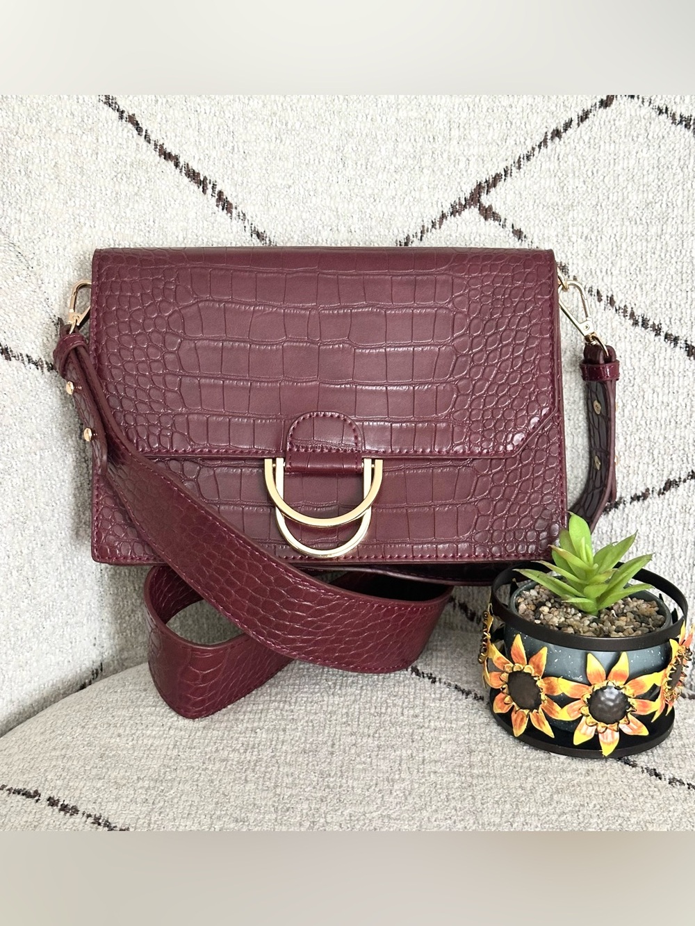 Madison West Croc-Embossed Wine Shoulder Bag with Gold Hardware